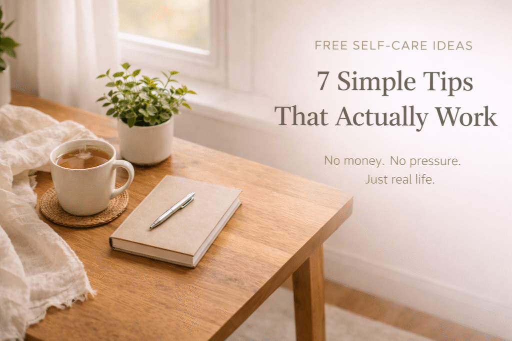 Wooden table with a steaming cup of team, a journal, pen, linen naplin and potted plant